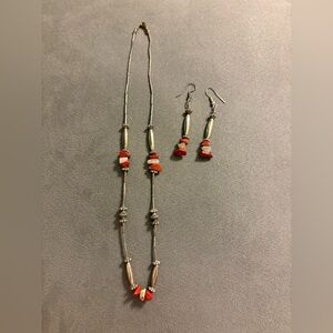 Liquid Silver Red Coral Rose Quartz Necklace And Earring Set